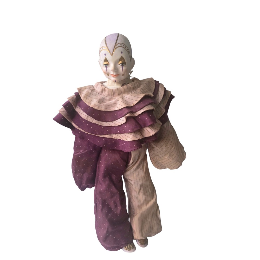 Vintage 1984 FW Balos Porcelain Pierrot Clown Doll Harlequin Plum Beige‎ 17"